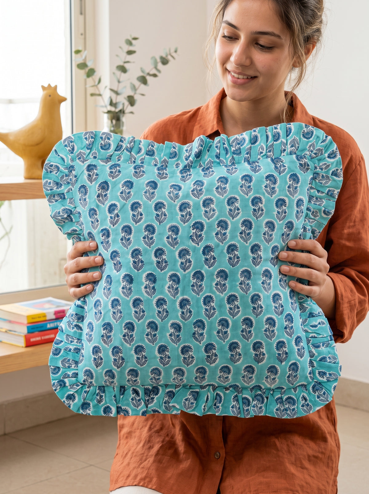 Blue Floral Hand Block Printed Cotton Cushion Cover Set of 5 – 18x18
