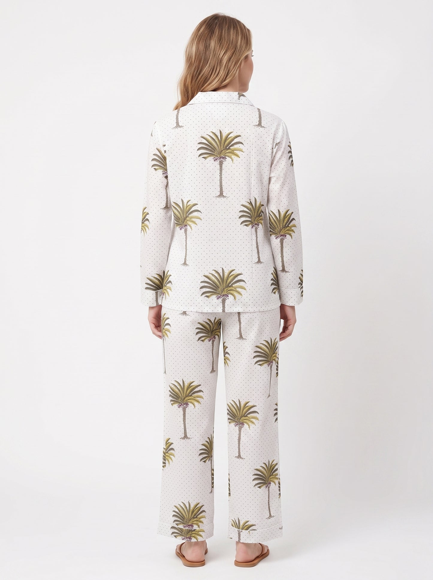 Women’s White Palm Cotton Night Suit Set – Elegant Two Piece Pajama Set