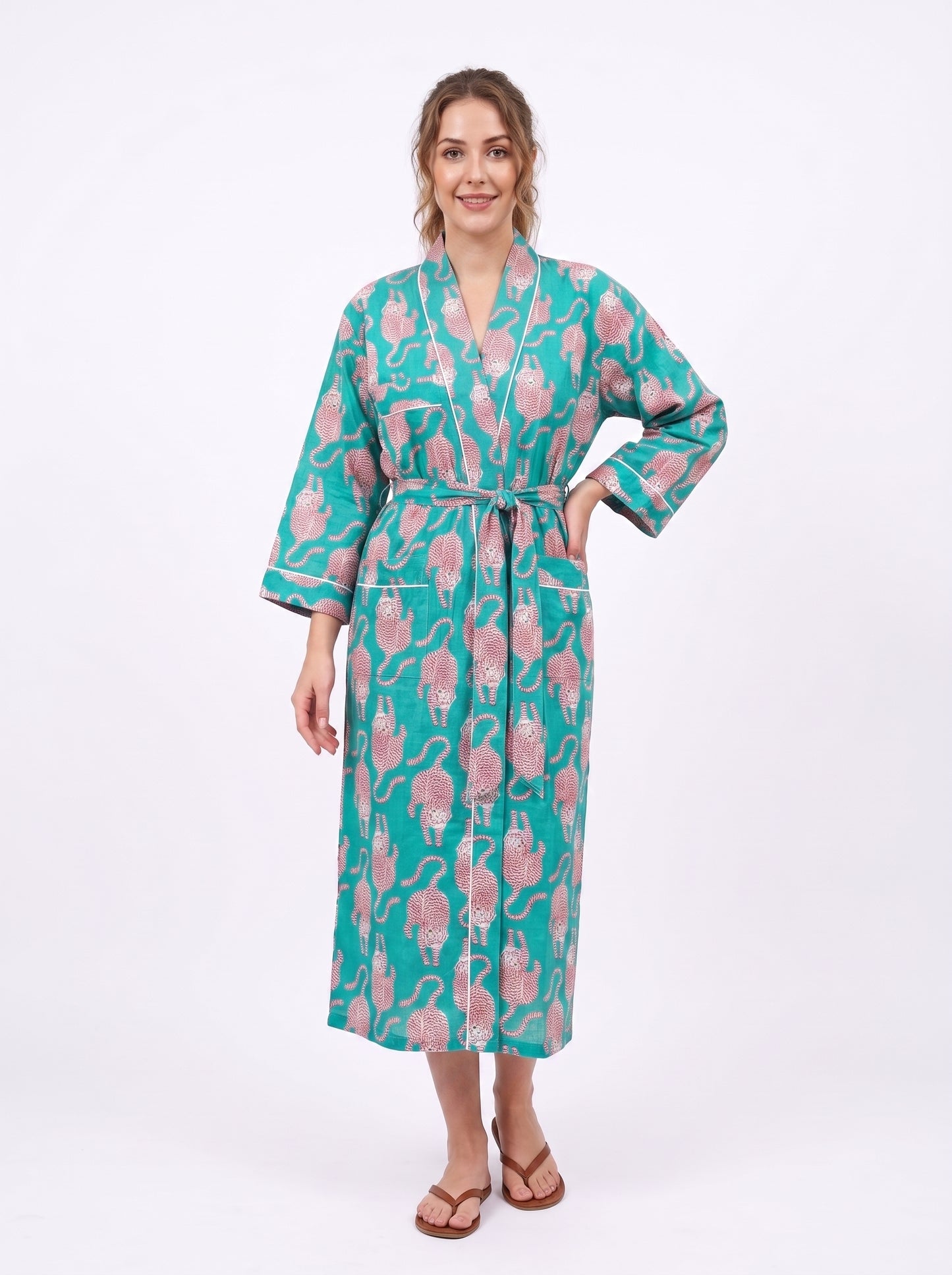 Teal Tiger Tales – Women’s Cotton Kimono