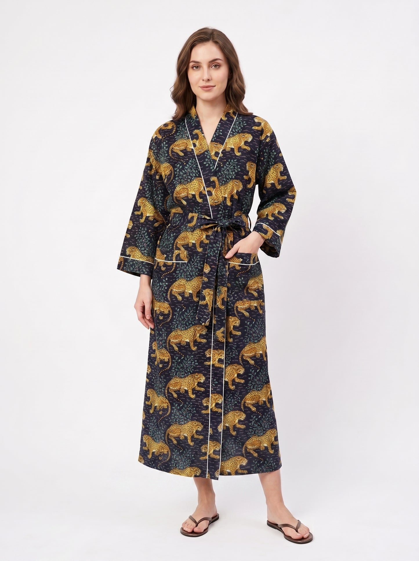 Navy Blue Leopard Print – Women’s Cotton Kimono