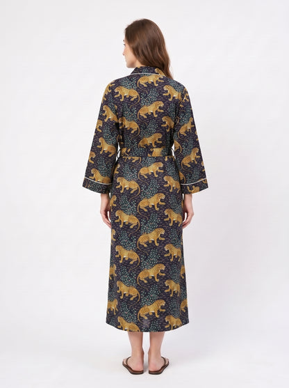 Navy Blue Leopard Print – Women’s Cotton Kimono