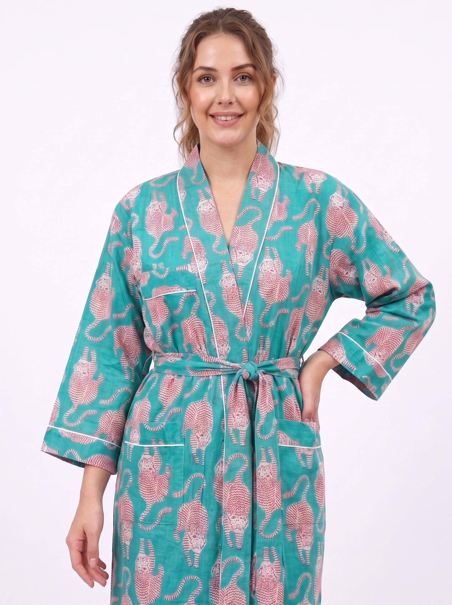 Teal Tiger Tales – Women’s Cotton Kimono