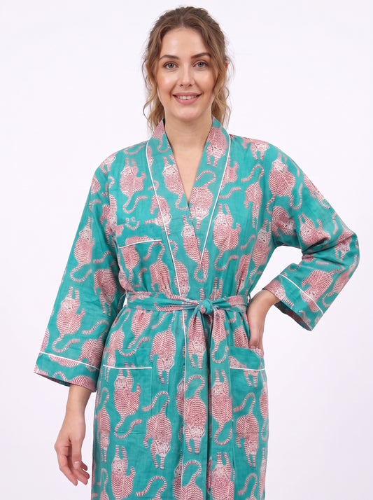Teal Tiger Tales – Women’s Cotton Kimono