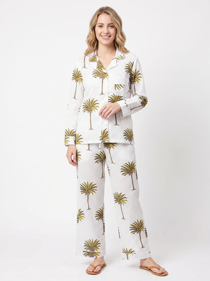 Women’s White Palm Cotton Night Suit Set – Elegant Two Piece Pajama Set