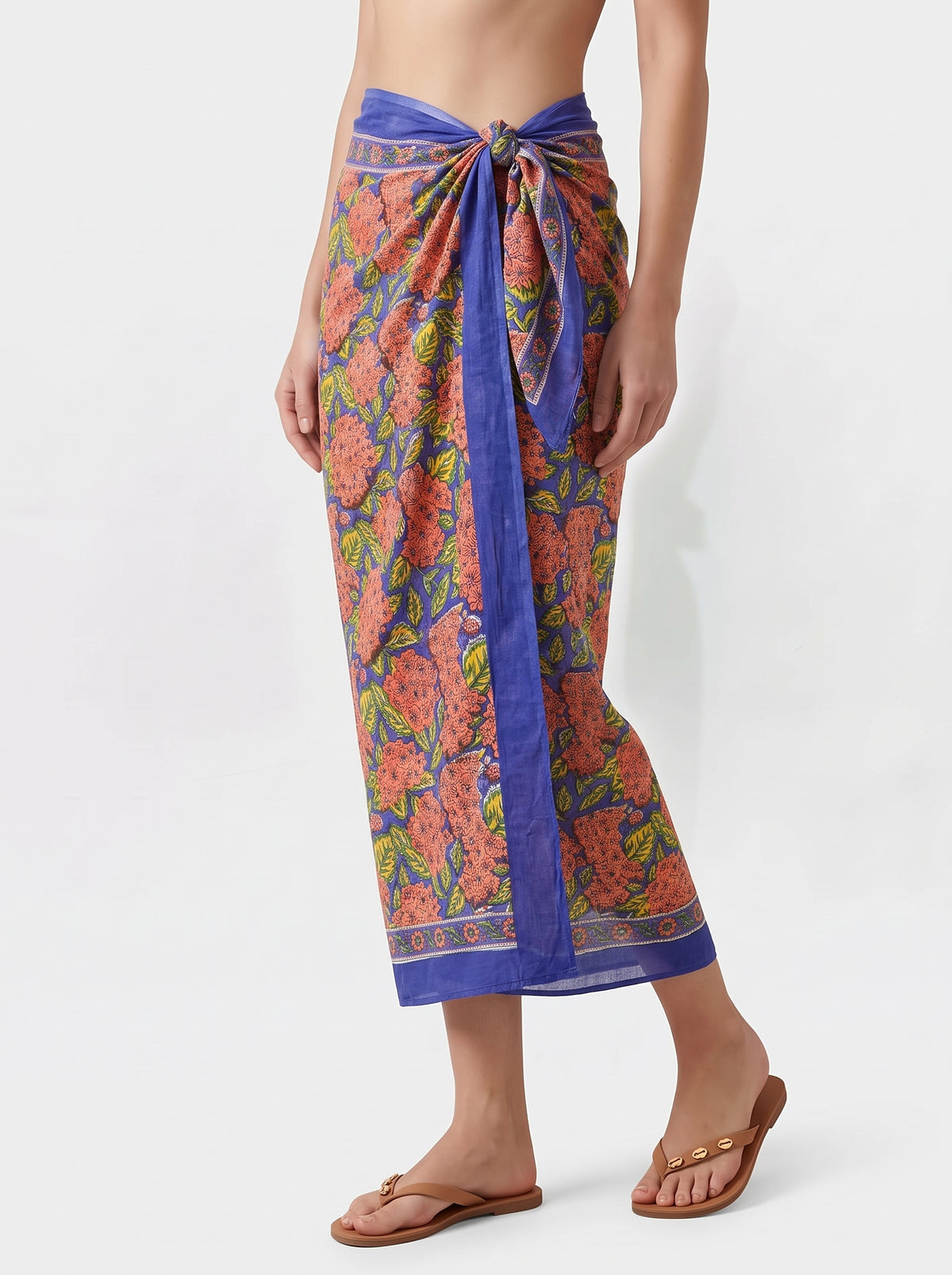 Orange Blue Floral Buta Handblock Sarong - Beach Cover