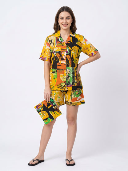 Women’s Yellow Abstract – Elegant Two Piece Short Pajama Set