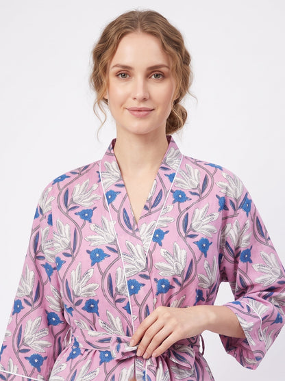 Purple Bloom Women's Cotton Kimono | 3/4 Sleeves