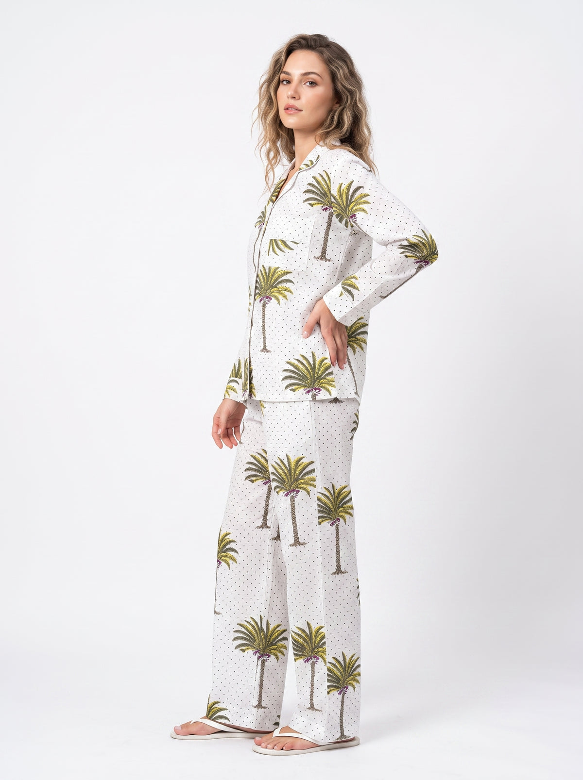 Women’s White Palm Tree – Elegant Two Piece Cotton Pajama Set