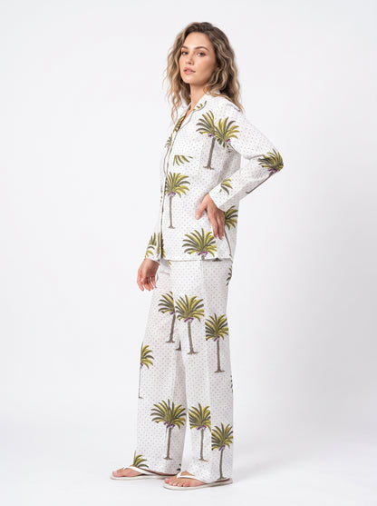 Women’s White Palm Tree – Elegant Two Piece Cotton Pajama Set