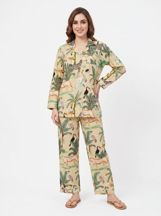 Women's Beige Safari – Elegant Two Piece Cotton Pajama Set