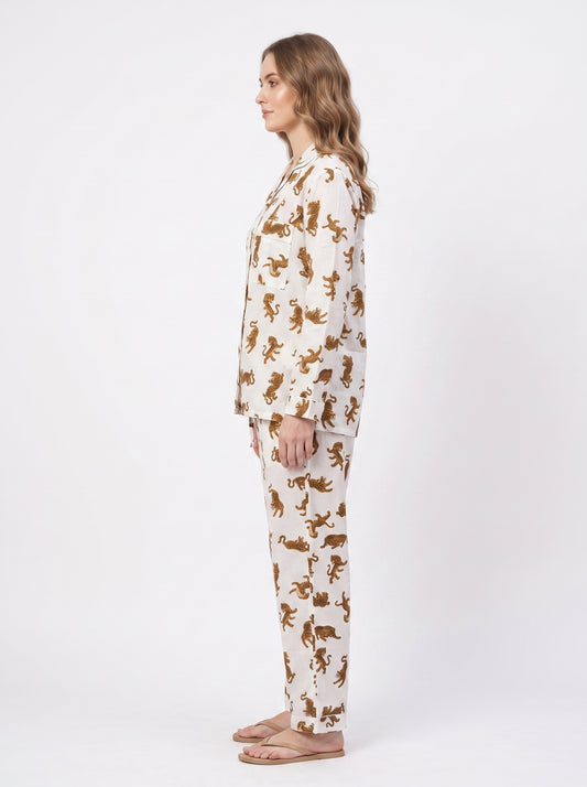 Women's White Tiger Dreams – Elegant Two Piece Cotton Pajama Set