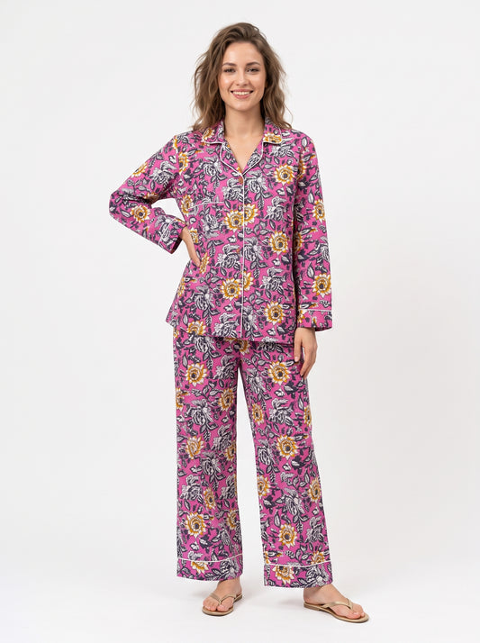 Women’s Pink Mini Floral – Elegant Two Piece Cotton Pajama Set