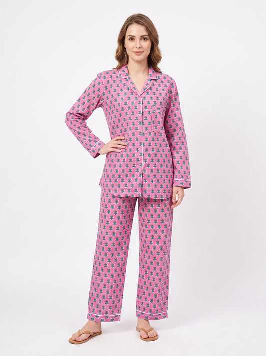 Women's Rosy Pink Bloom – Elegant Two Piece Cotton Pajama Set