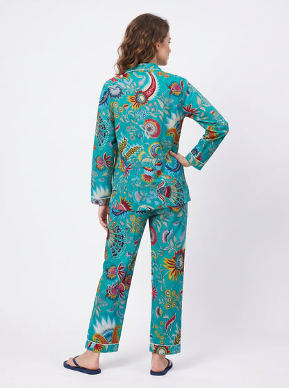 Women’s Teal Blue Majestic – Elegant Two Piece Cotton Pajama Setet