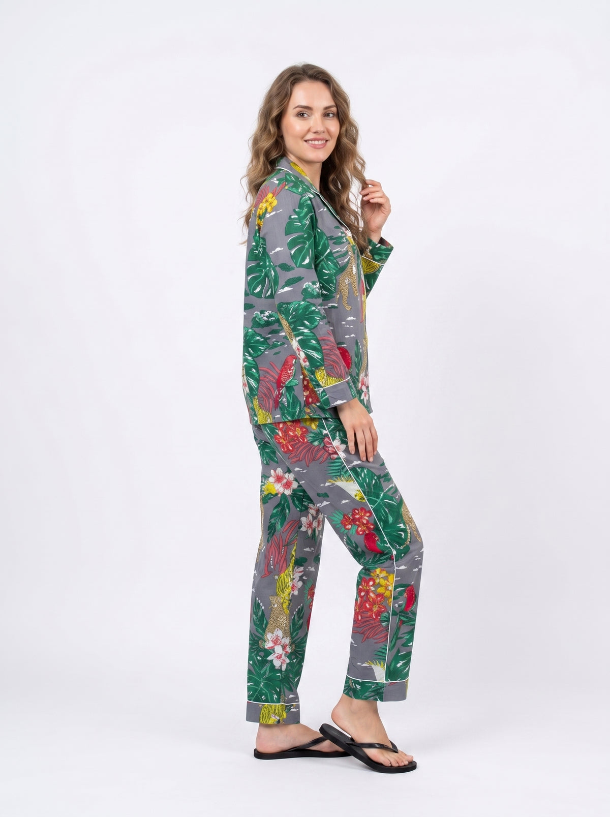 Women’s Grey Tropical Print Cotton Night Suit Set – Cute Two Piece Pajama Set