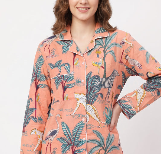 Women's Peach Safari – Elegant Two Piece Cotton Pajama Set