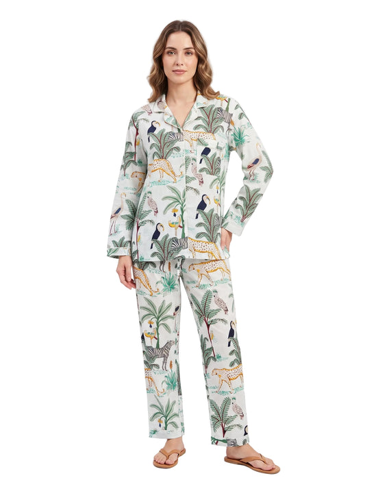 Women's White Safari – Elegant Two Piece Cotton Pajama Set