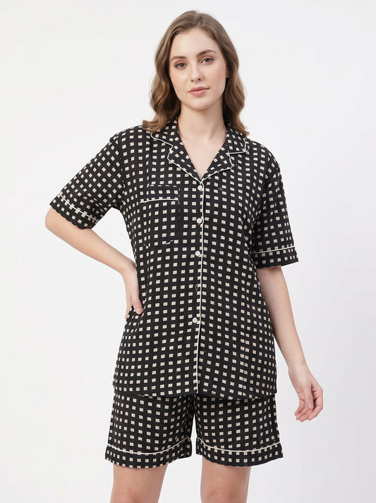Women’s Black Checkered – Elegant Two Piece Short Pajama Set