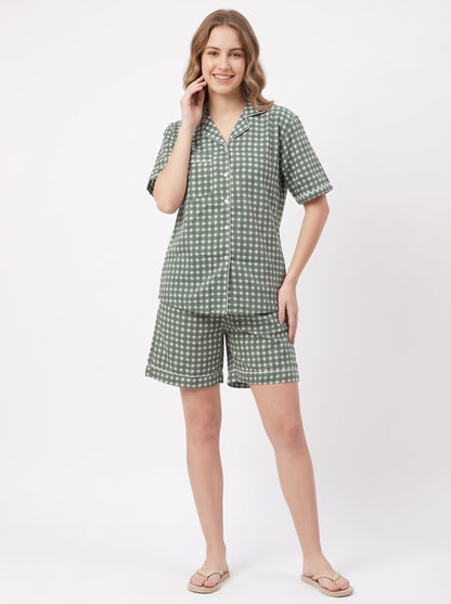 Women’s Green Checkered Crimson – Elegant Two Piece Short Pajama Set