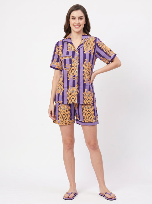 Women’s Purple Stripes Tiger – Elegant Two Piece Short Pajama Set