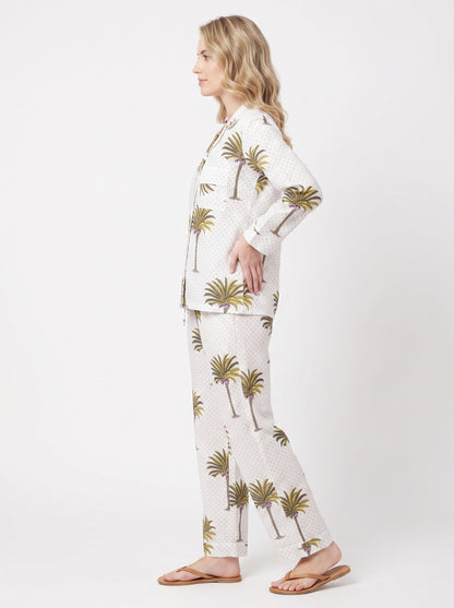 Women’s White Palm Cotton Night Suit Set – Elegant Two Piece Pajama Set