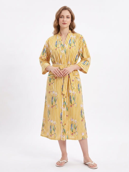 Yellow onion Stripe Women's Cotton Kimono | 3/4 Sleeves
