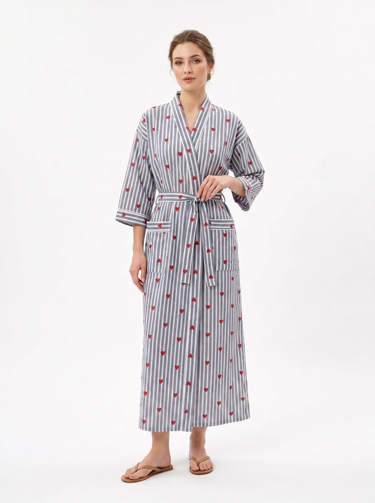 Grey Heart Riot Women's Cotton Kimono | 3/4 Sleeves