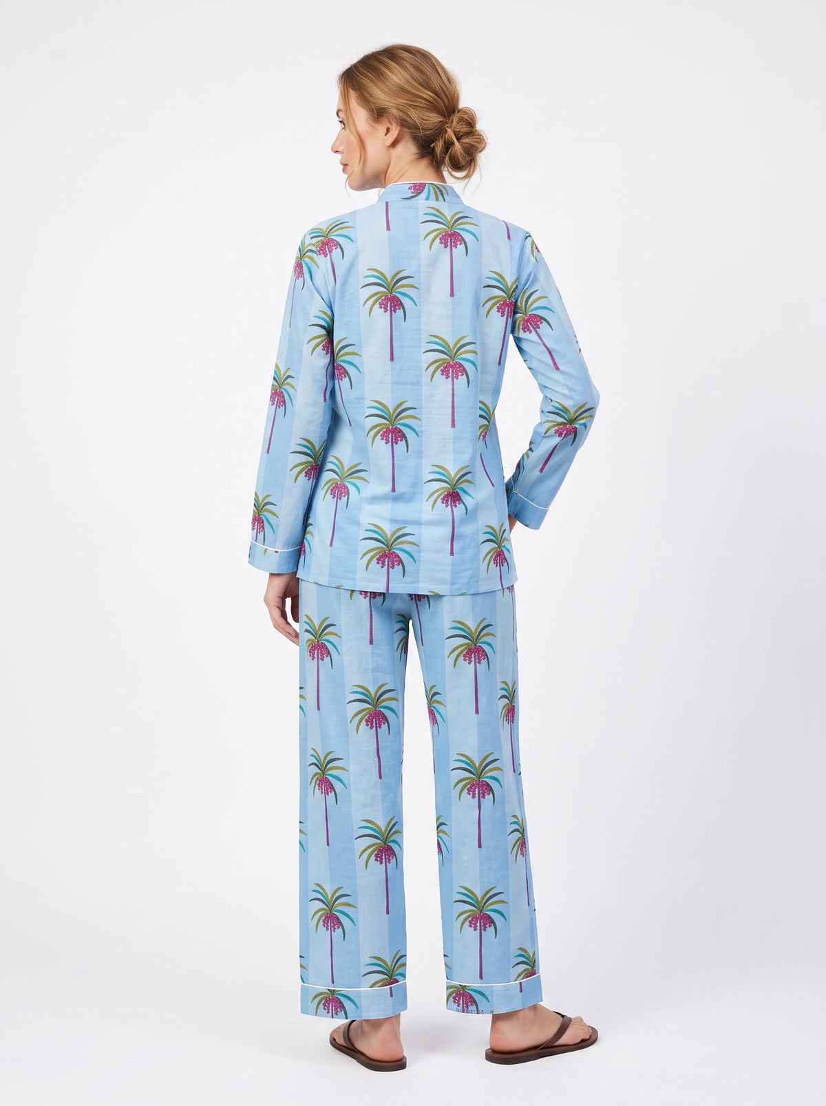 Women's Blue Palm Tree – Elegant Two Piece Cotton Pajama Set