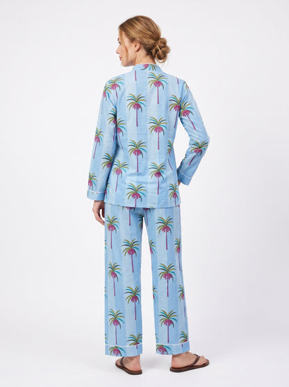 Women's Blue Palm Tree – Elegant Two Piece Cotton Pajama Set