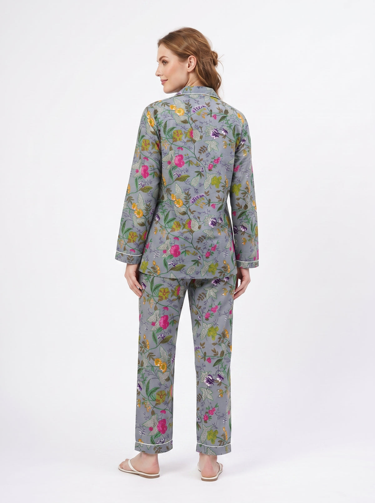 Women's Grey Garden Whispers – Elegant Two Piece Cotton Pajama Set