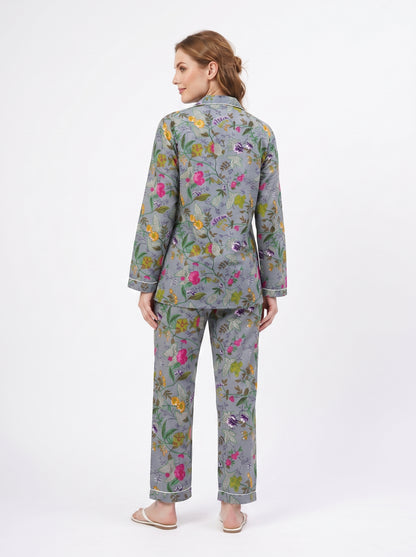 Women's Grey Garden Whispers – Elegant Two Piece Cotton Pajama Set