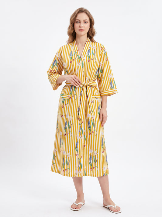 Yellow onion Stripe Women's Cotton Kimono | 3/4 Sleeves