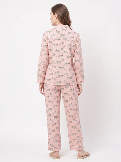 Women’s Mini Pink Tiger Riot – Elegant Two Piece Cotton Pajama Set