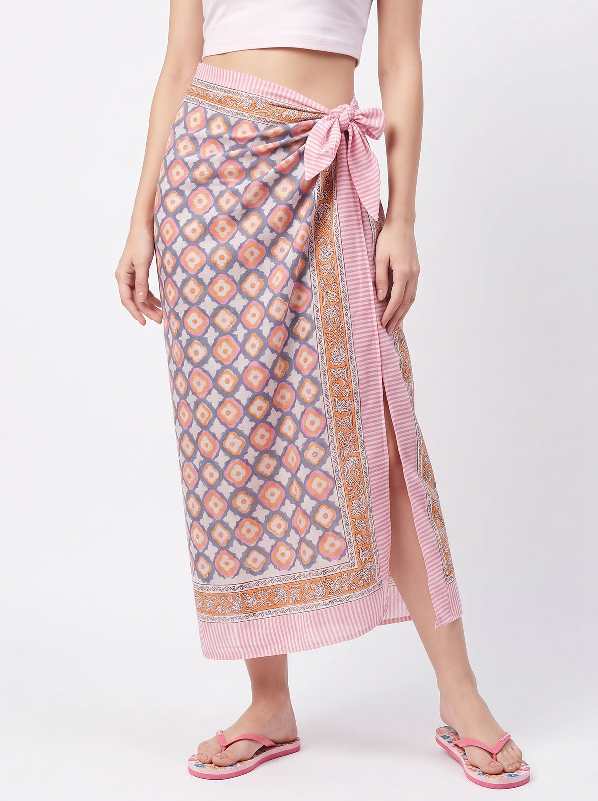 Orange Blue Blossom Handblock Sarong - Beach Cover