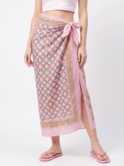 Orange Blue Blossom Handblock Sarong - Beach Cover