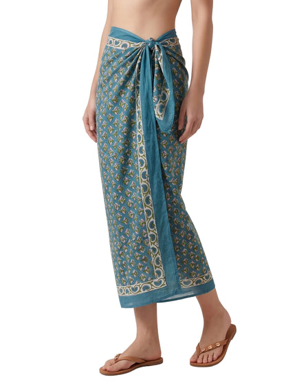 Cute Blue Floral Handblock Sarong - Beach Cover