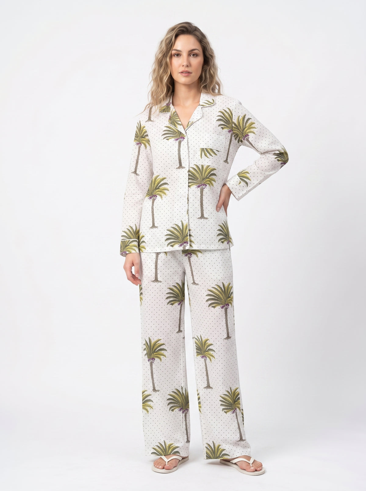 Women’s White Palm Tree – Elegant Two Piece Cotton Pajama Set