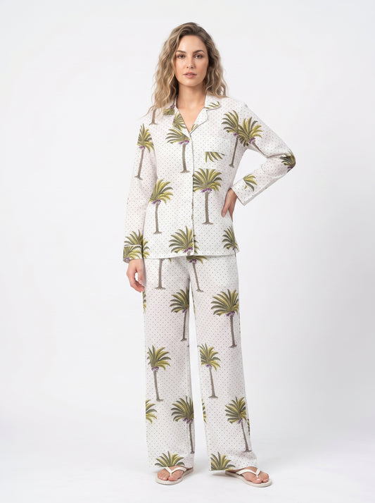 Women’s White Palm Tree – Elegant Two Piece Cotton Pajama Set
