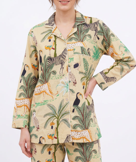 Women's Beige Safari – Elegant Two Piece Cotton Pajama Set
