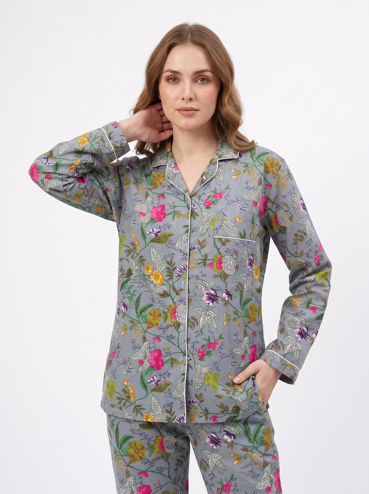 Women's Grey Garden Whispers – Elegant Two Piece Cotton Pajama Set