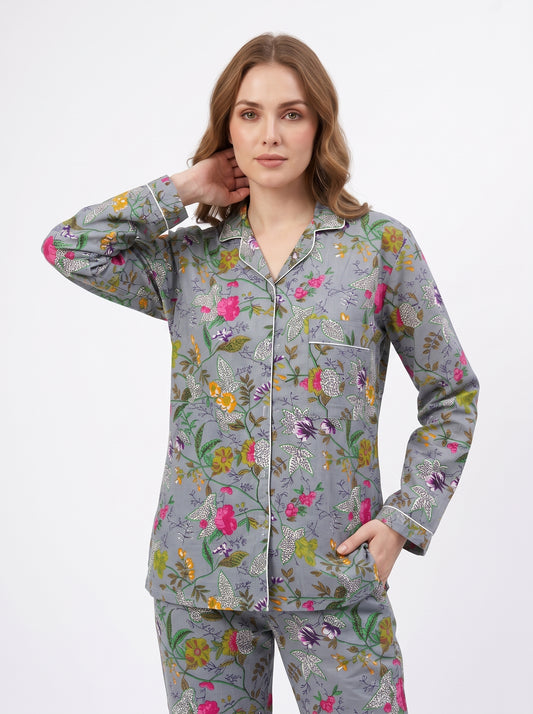 Women's Grey Garden Whispers – Elegant Two Piece Cotton Pajama Set