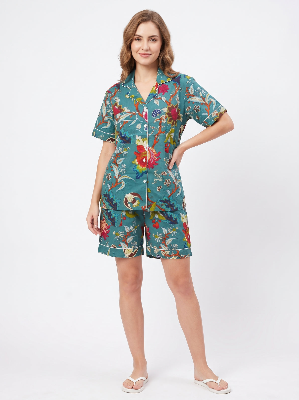 Women’s Teal Crimson – Elegant Two Piece Short Pajama Set
