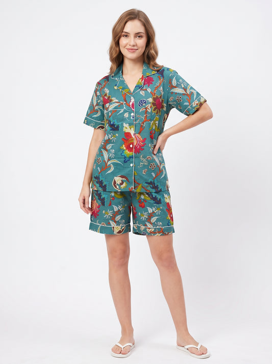 Women’s Teal Crimson – Elegant Two Piece Short Pajama Set