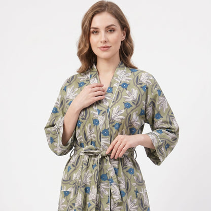 Green Bloom Escape Women's Cotton Kimono | 3/4 Sleeves