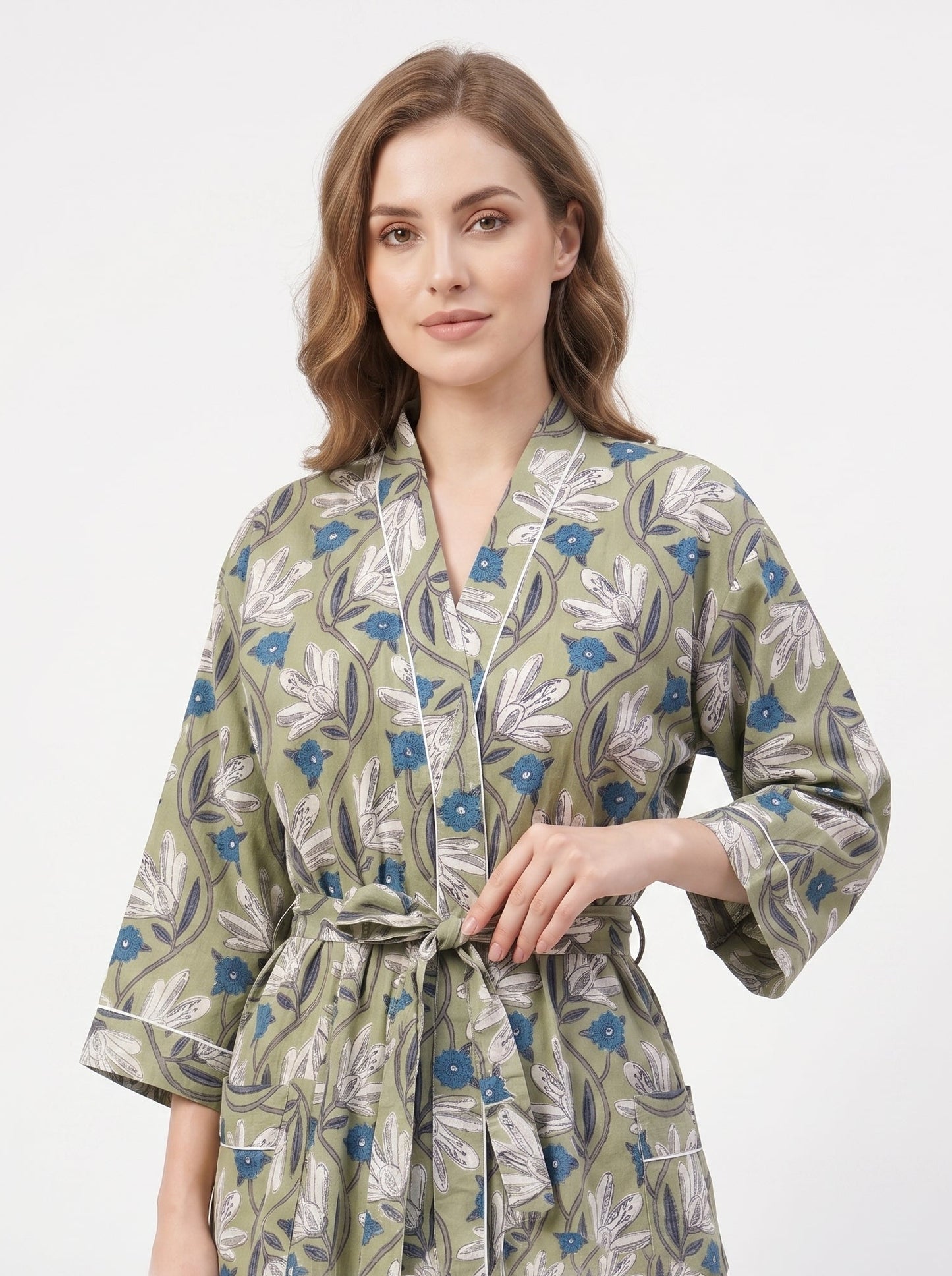 Green Bloom Escape Women's Cotton Kimono | 3/4 Sleeves
