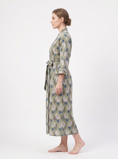 Green Bloom Escape Women's Cotton Kimono | 3/4 Sleeves