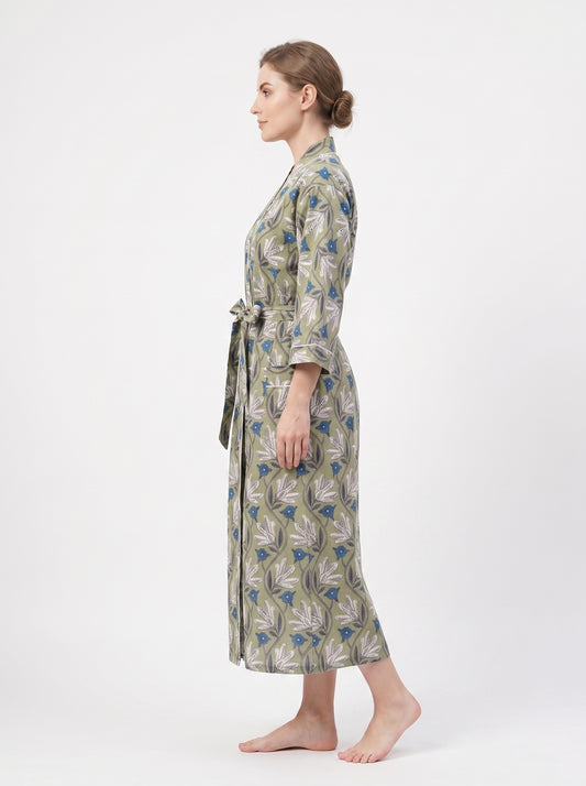 Green Bloom Escape Women's Cotton Kimono | 3/4 Sleeves