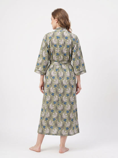 Green Bloom Escape Women's Cotton Kimono | 3/4 Sleeves