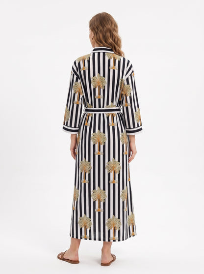 Midnight Black Palms Women's Black & White Cotton Kimono | 3/4 Sleeves