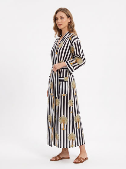Midnight Black Palms Women's Black & White Cotton Kimono | 3/4 Sleeves